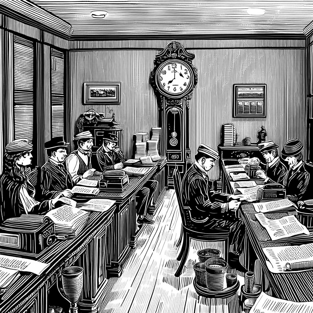 A vintage newsroom with desks and typewriters — engraving