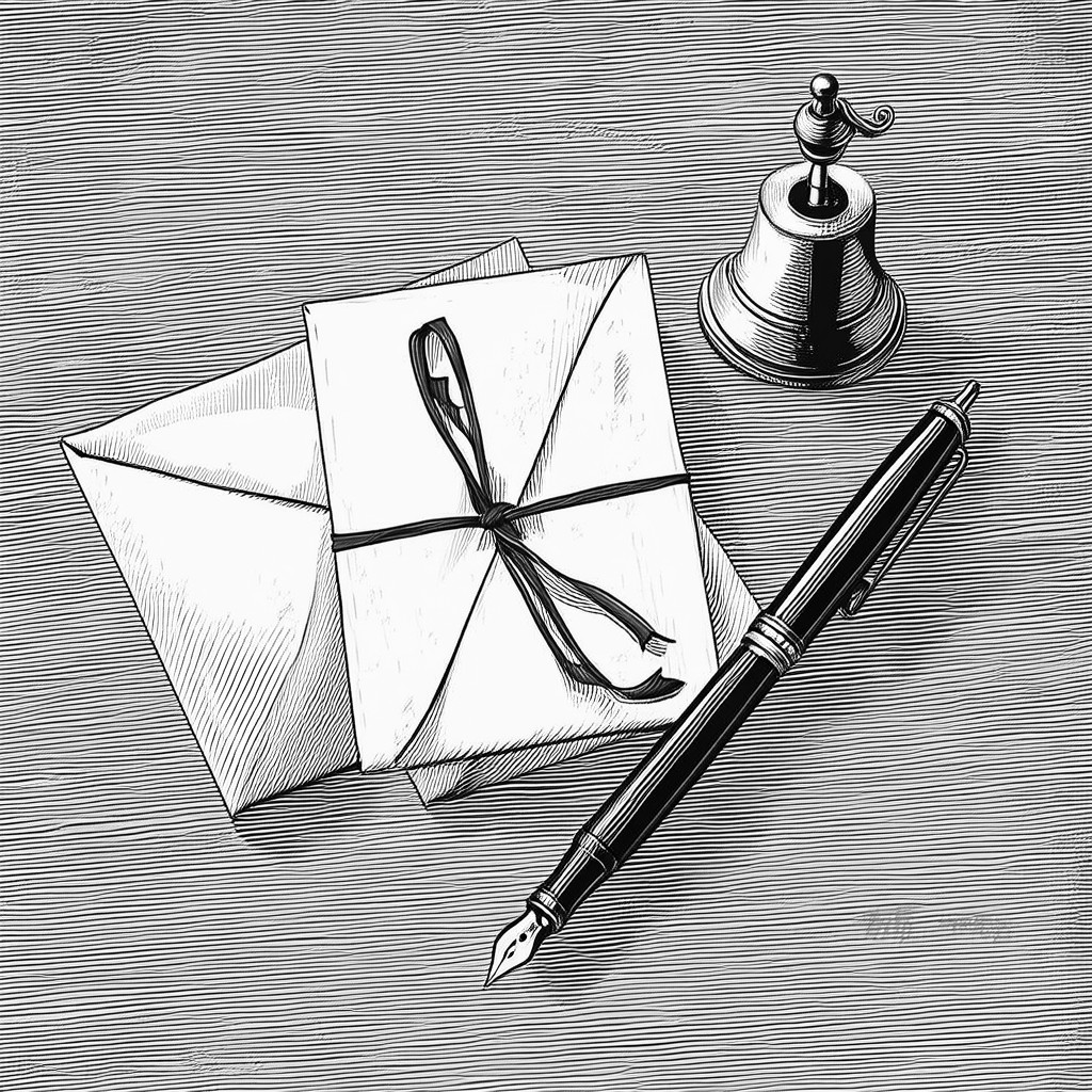 A stack of letters and an open envelope with a fountain pen — engraving