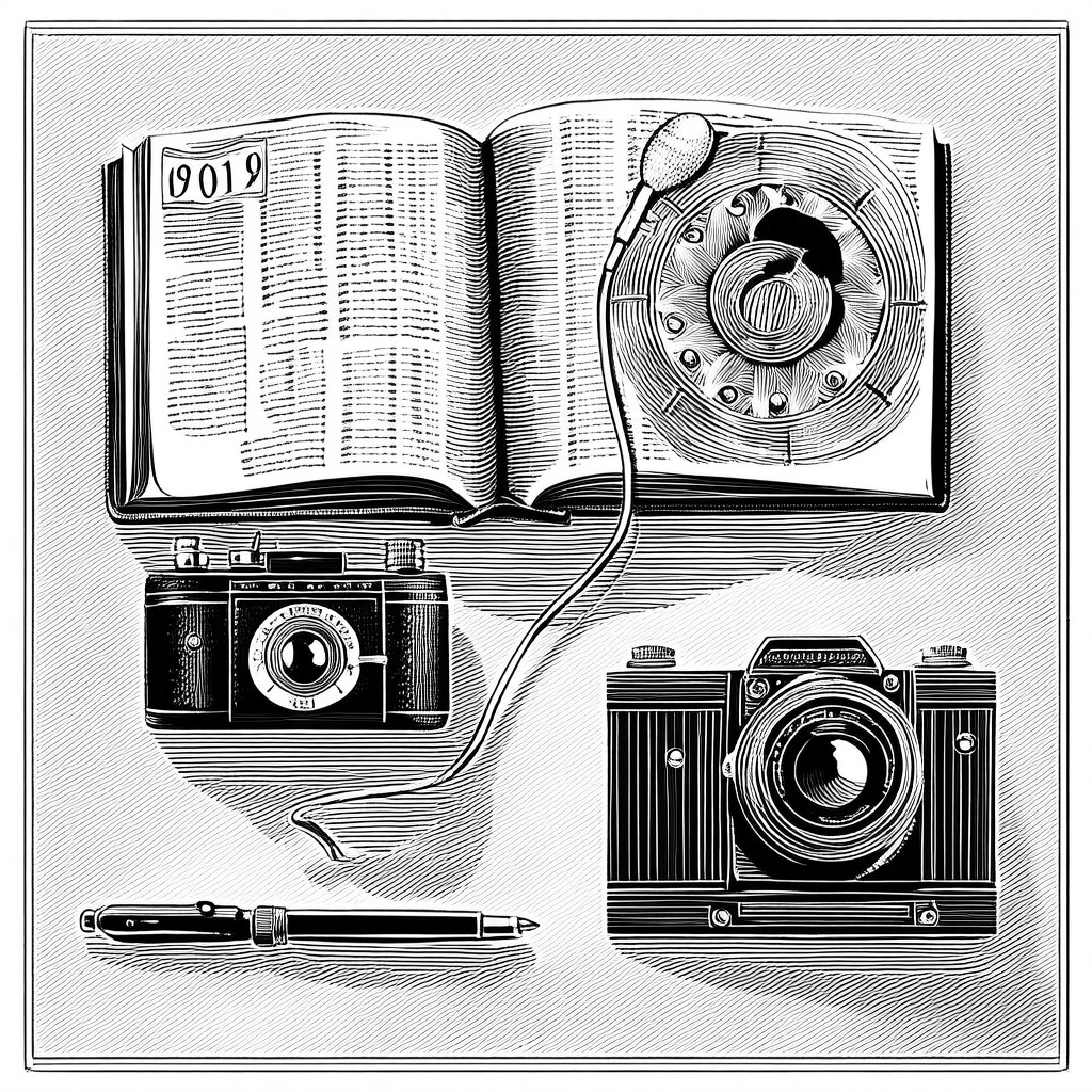 Vintage almanac with emblems of a pen, camera, microphone and book — engraving