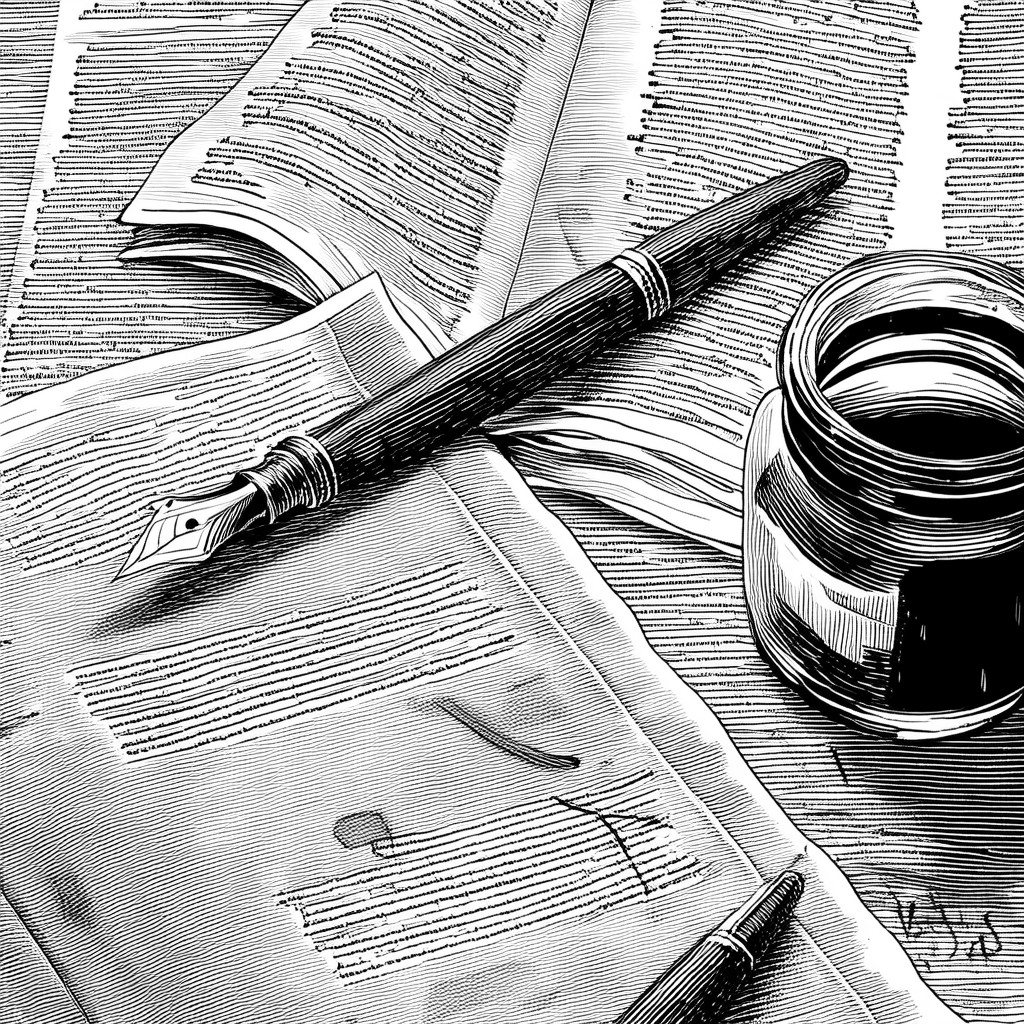 Fountain pen, ink bottle and manuscript pages — black-and-white engraving