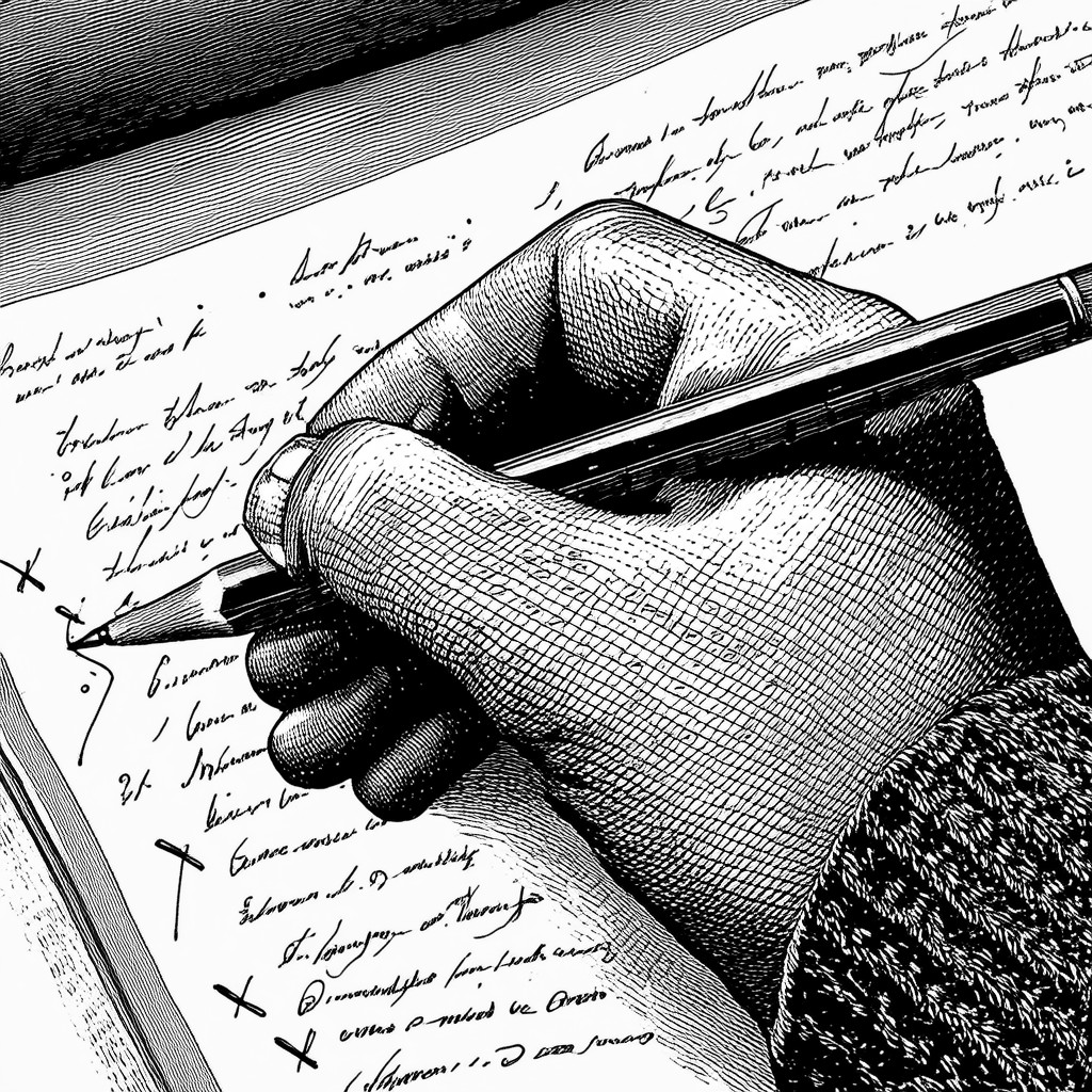 A hand marking proofreading edits on a manuscript — black-and-white engraving