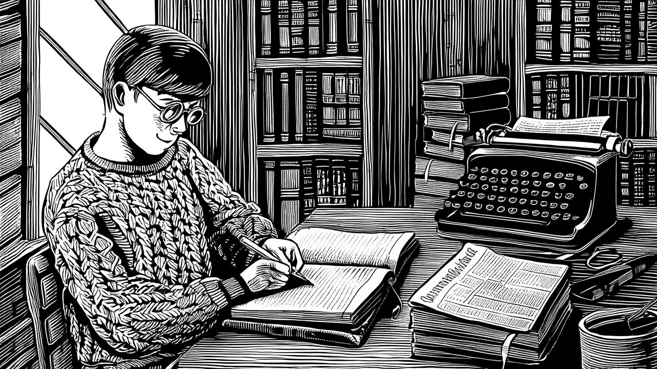 A student writing at a desk surrounded by books — black-and-white engraving