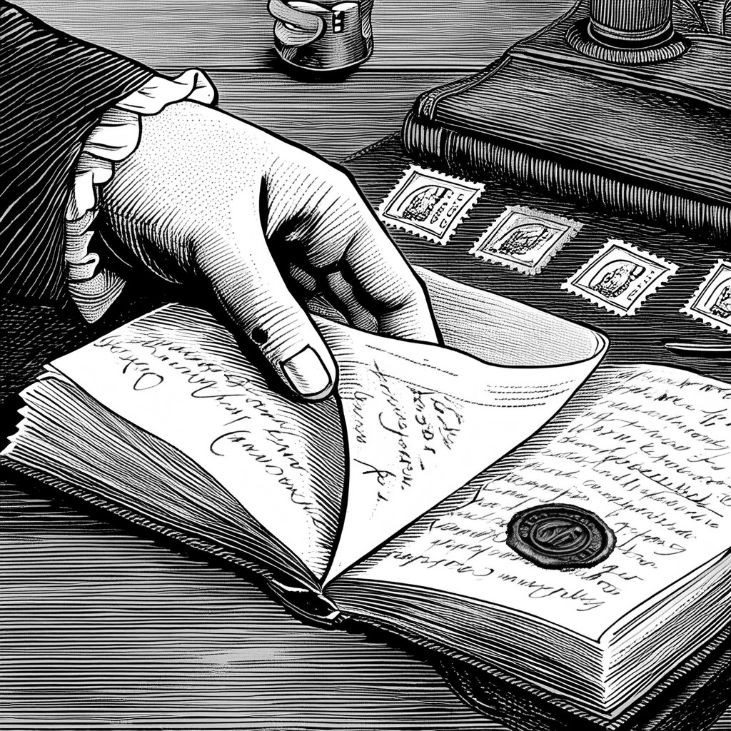 A hand sliding manuscript pages into an envelope — engraving
