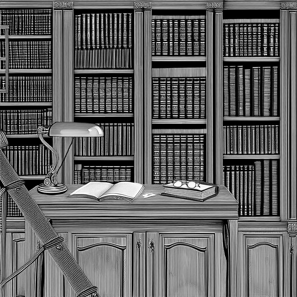 Library shelves with a reading desk and lamp — engraving