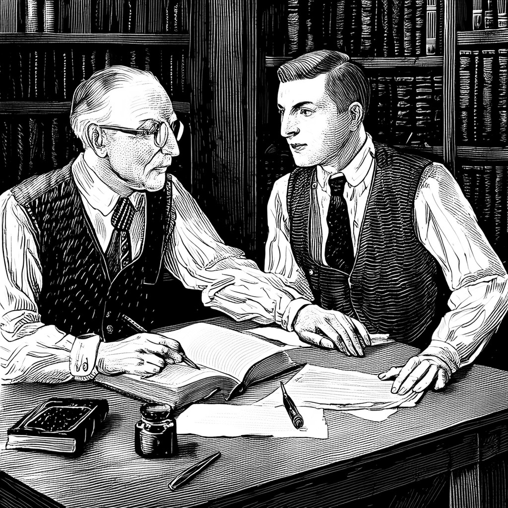 A mentor reviewing an essay with a student — engraving