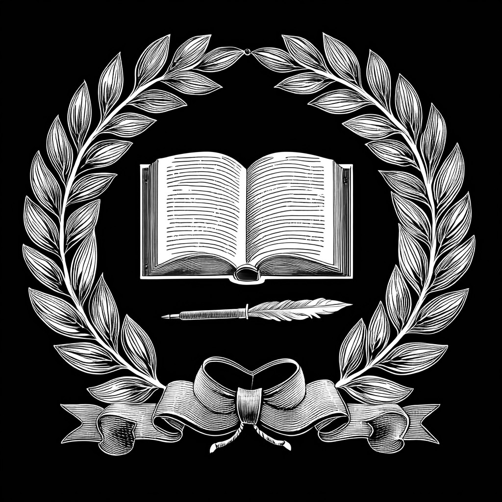 Laurel wreath around an open book and quill — engraving emblem