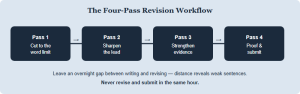 Four-pass revision workflow: cut to word limit, sharpen the lead, strengthen evidence, then final proof, each feeding into submission