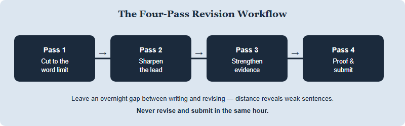 Four-pass revision workflow: cut to word limit, sharpen the lead, strengthen evidence, then final proof, each feeding into submission