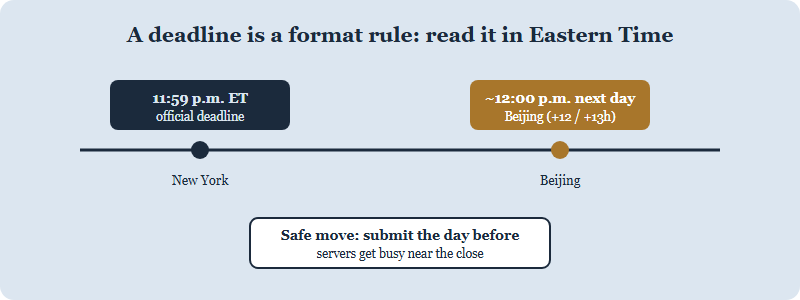A timeline showing that an 11:59 p.m. U.S. Eastern Time deadline converts to roughly noon the next day in Beijing, 12 to 13 hours later depending on daylight saving time, and advising students to submit a day early.