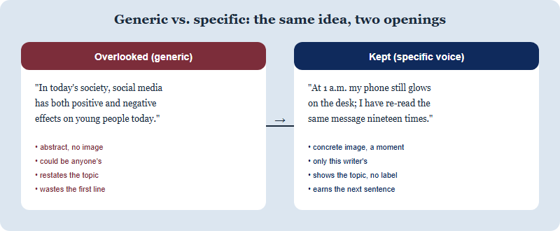 Before-and-after comparison: a generic, anonymous opening on the left versus a specific, voice-driven opening on the right, showing how concrete detail rescues an entry.