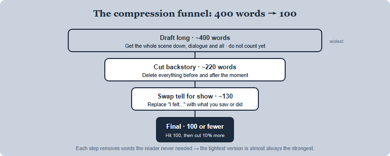 A compression funnel showing how to reduce a memoir draft from 400 words down to 100 by cutting backstory and explanation