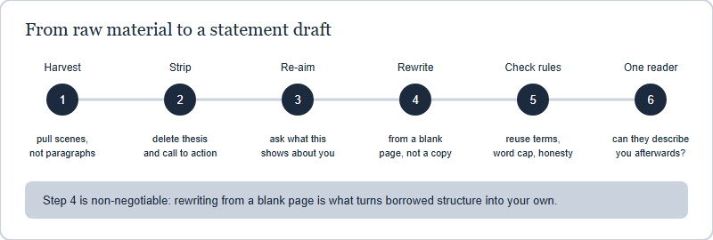 Six-step workflow for turning contest material into a personal statement: harvest, strip, re-aim, rewrite, check rules, get one honest reader